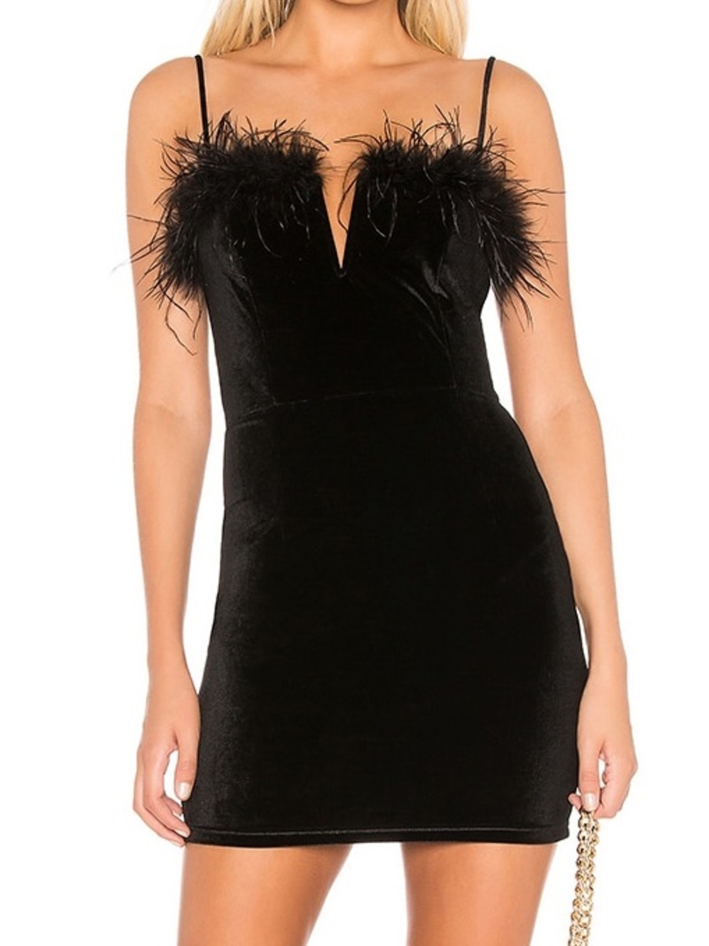 Feather-Trim Black Velvet Mini Dress